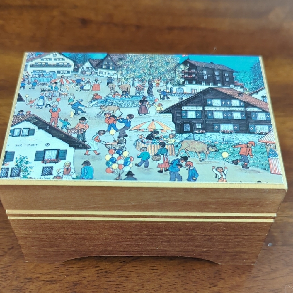 Vintage Reuge Swiss Wooden Music Box With Village Scene